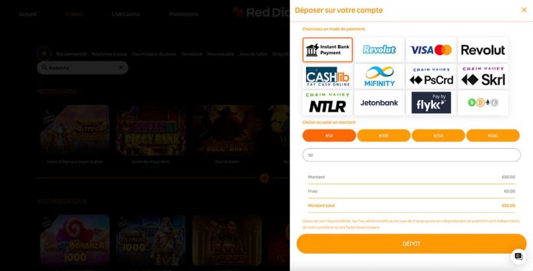 RedDice Casino moyens paiement dépôt
